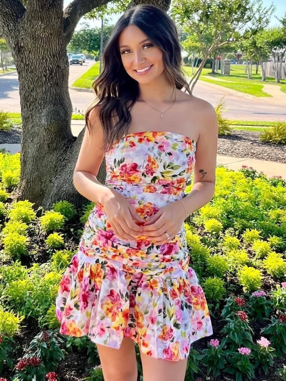 DO+BE Strapless Floral Ruffle Hem Dress - medium